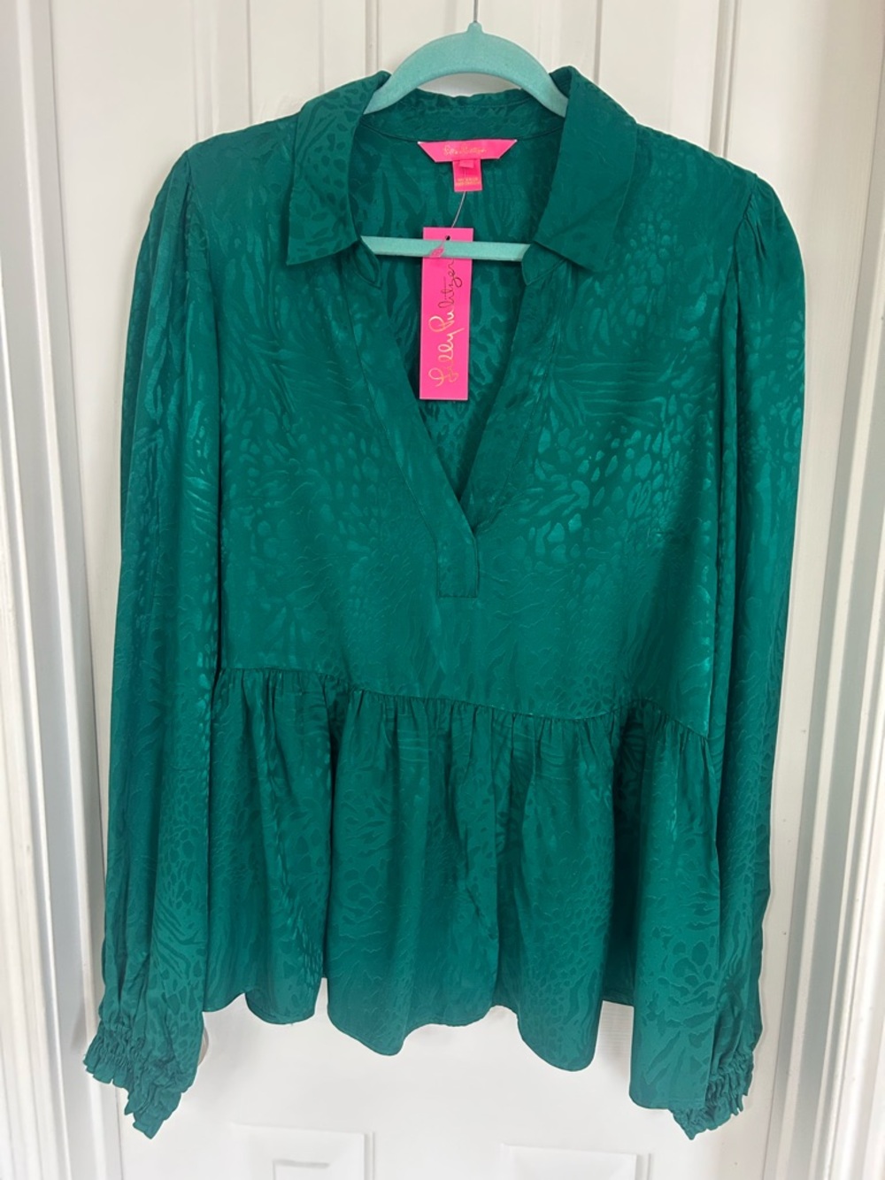 Lilly Pulitzer Teal Green V-Neck Long-Sleeve Peplum Blouse